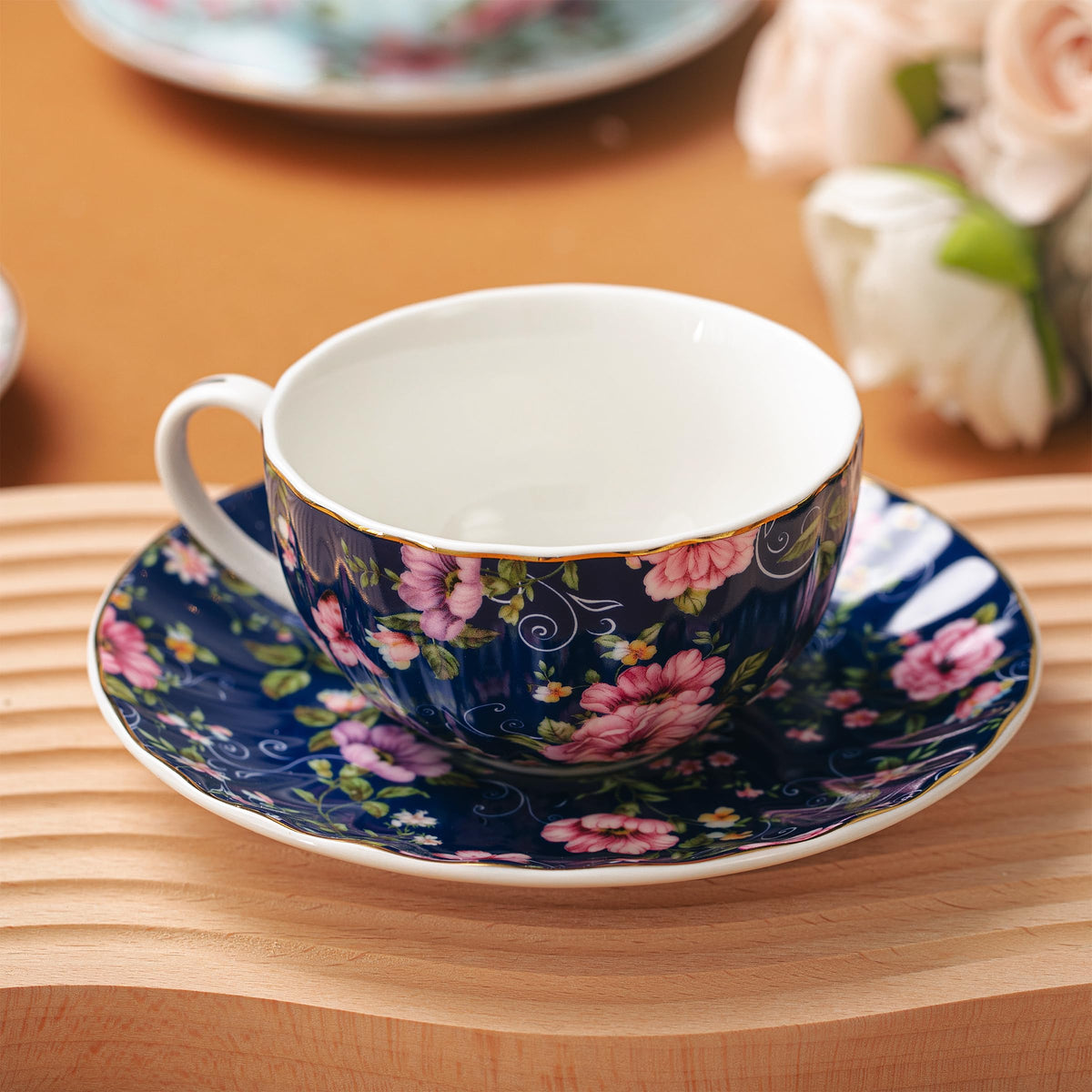BTaT- Floral Tea Cups and Saucers Set of 6 (7 oz), Porcelain Tea Cups Set of 6, Modern Midnight