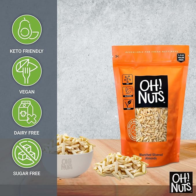 Oh! Nuts Almonds Blanched Slivered - Raw - 100% Natural - 1.5 lb - White Almond Sticks - Packed in