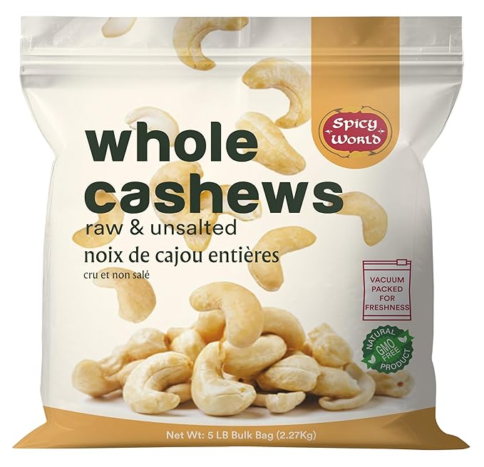 Spicy World Raw Cashews 5 LB (80oz) Bulk - Non-GMO, Gluten Free, Peanut Free, No Additives