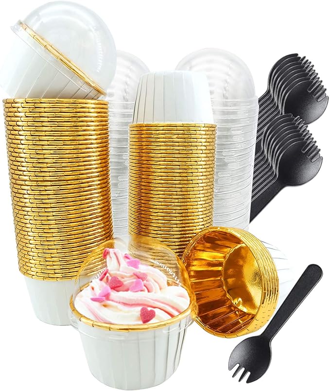 Cupcake Liners with Dome Lids 100Pack, Free-Air 3.5Oz Mini Foil Baking Cups Muffin Liners