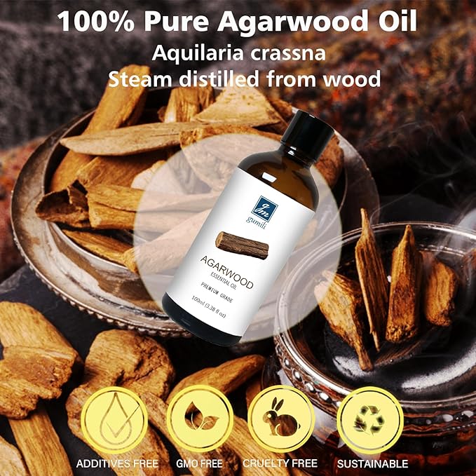 Agarwood Essential Oil 3.38oz/100ml, Pure Qud Oil for Relaxation, Meditation, SPA, Aromatherapy