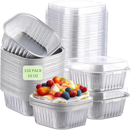 Aoriher 150 Pieces 10 oz Mini Cake Pans with Lids Aluminum Foil Baking Cups Square Disposable 4" x