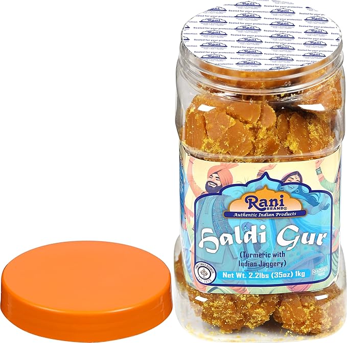 Rani Haldi Gur (Turmeric with Indian Jaggery) Indian Unrefined Raw Cane Sugar 35oz (2.2lbs) 1kg PET