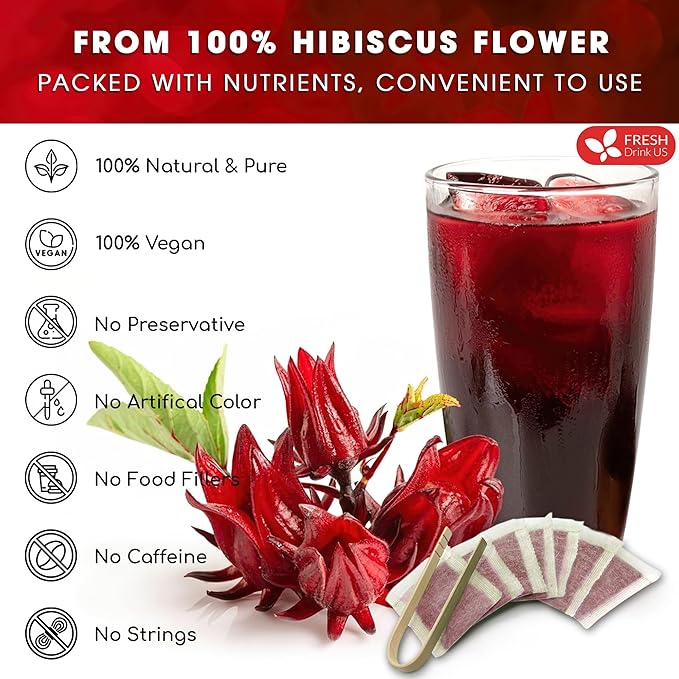 FRESHDRINKUS 115 Hibiscus Flowers Tea Bags, 100 Percent Natural, Pure from Hibiscus Flowers. Loose