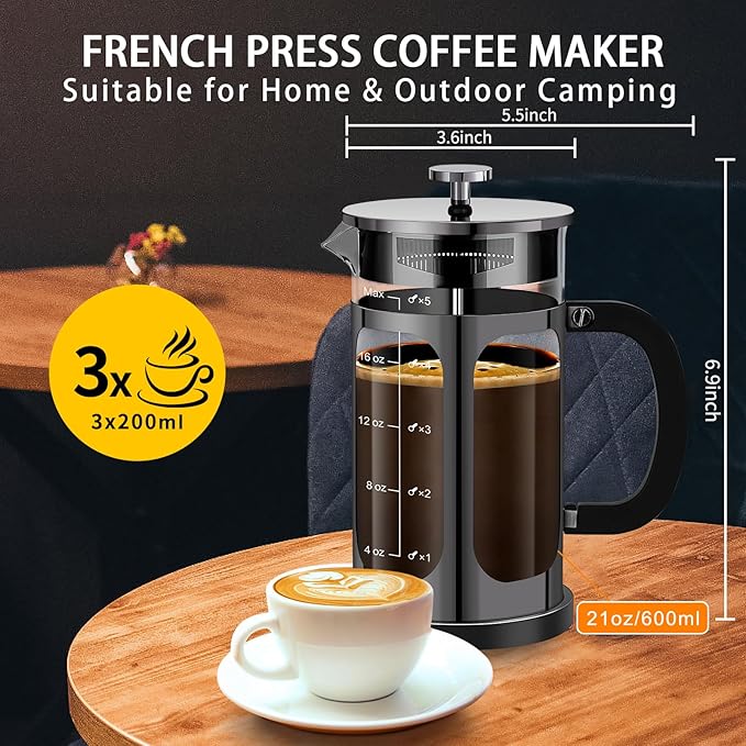 French Press Coffee Maker (21oz 600ML 3-4Cup) Coffee Press, with 4 Filters System, Heat Resistant