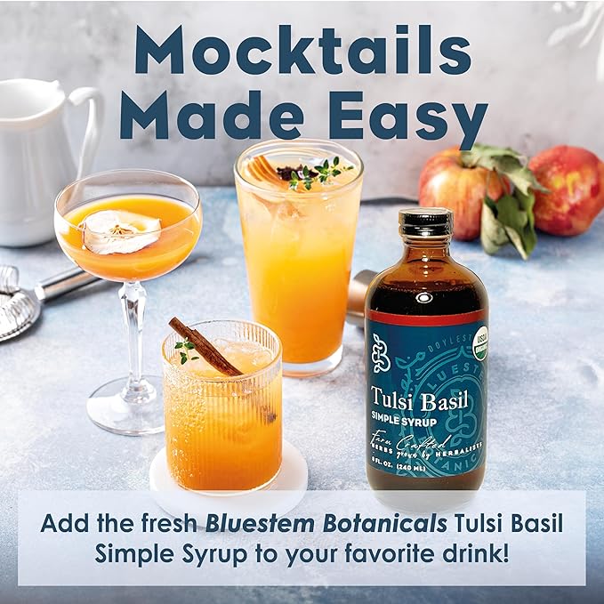 Bluestem Botanicals Organic Tulsi Basil Simple Syrup, 8 oz, Cocktail and Mocktail Mixer for Drinks
