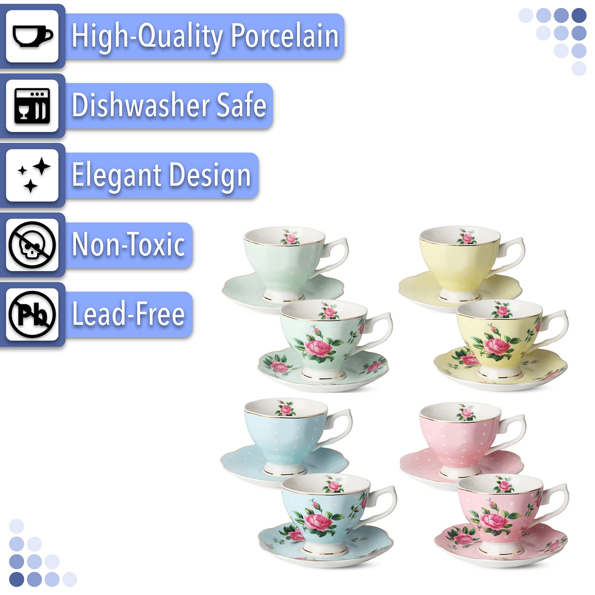 BTaT- Floral Tea Cups and Saucers, Set of 8, 8 oz