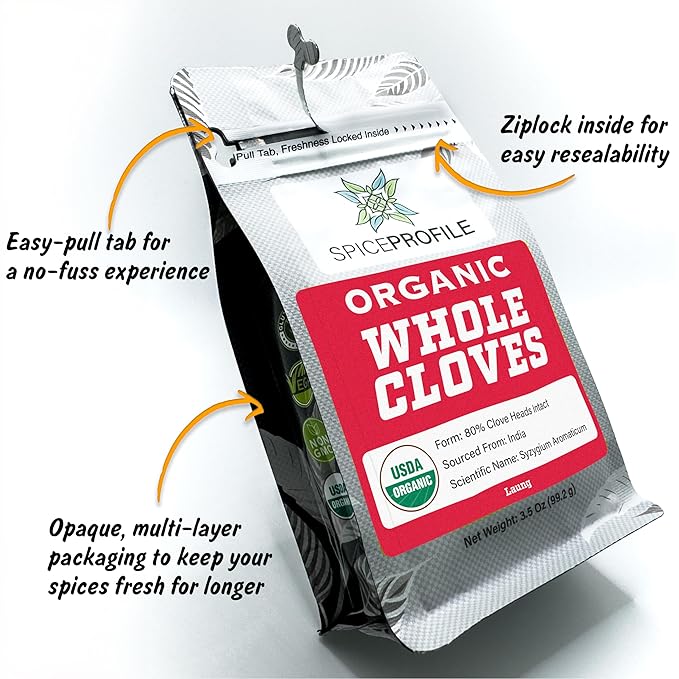 Spice Profile USDA Organic Whole Cloves, Lab Tested, Resealable 3.5 oz Pouch, Laung, Clavos de Olor