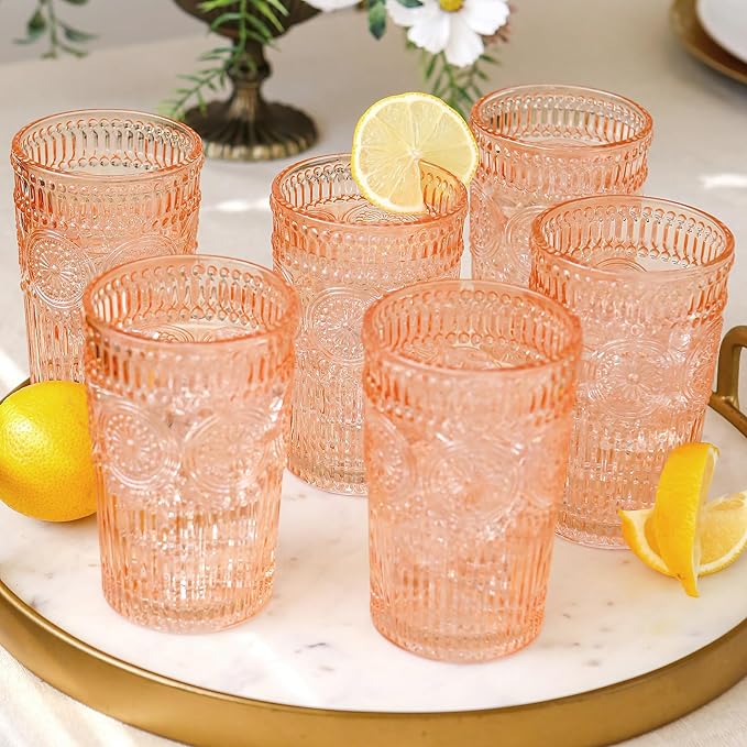 Vintage Textured Rose Gold Striped Drinking Glasses Set of 6, (13 oz) Ribbed Glassware Set |