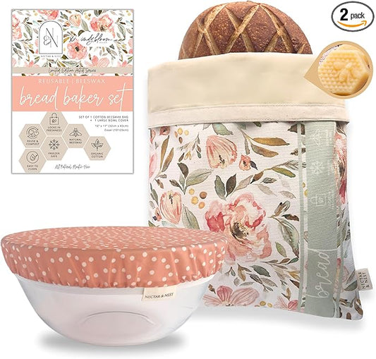 Nectar & Nest Bread Baker Set, Reusable Beeswax Bread Bags for Homemade Bread, Sourdough Bag