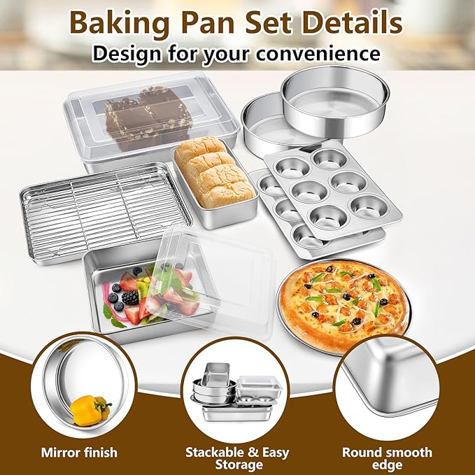 P&P CHEF Stainless Steel Bakeware Set, 12-Piece Kitchen Baking Pans Set, Baking Sheet with Rack