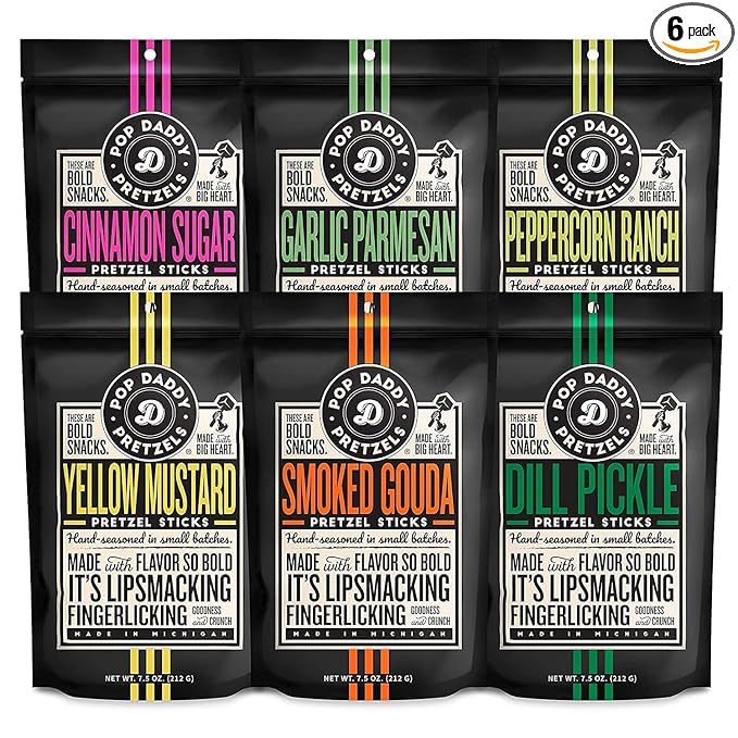 Pop Daddy Flavored Pretzels Sticks, Healthy Gourmet Pretzels, 7.5oz Variety Pack, 6 Pack, Garlic
