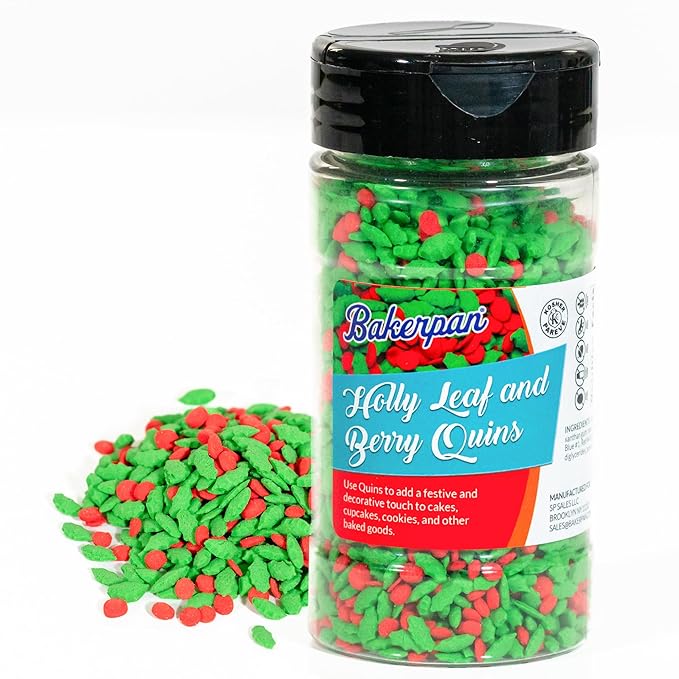 Bakerpan Quins Sprinkles For Cake Decorating - Holly Leaf and Berry Sprinkle Quins 4 Ounces