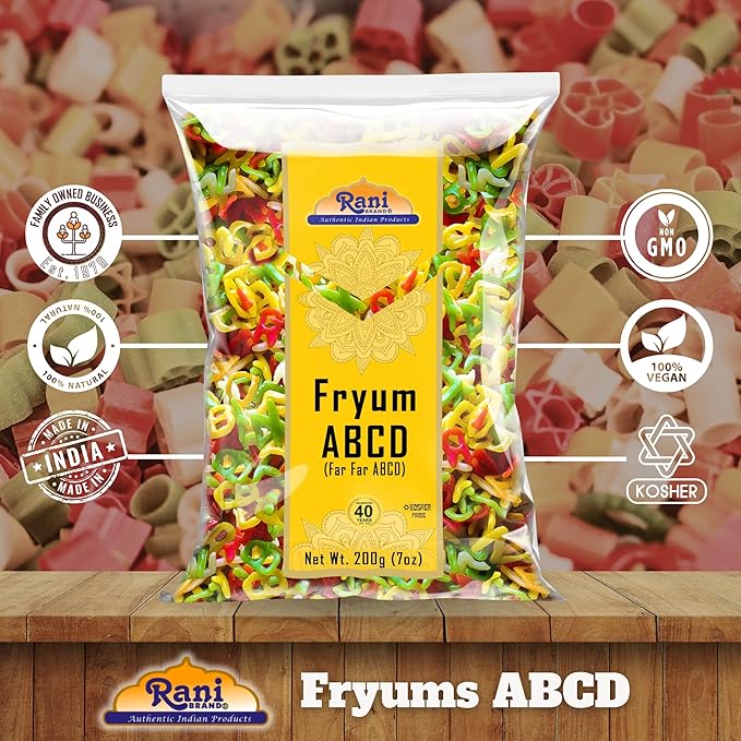 Rani Far Far/Fryums (Wheat & Tapioca Pellet) ABCD Shape 7oz (200g) ~ Vegan, Kosher, Uncooked, Used