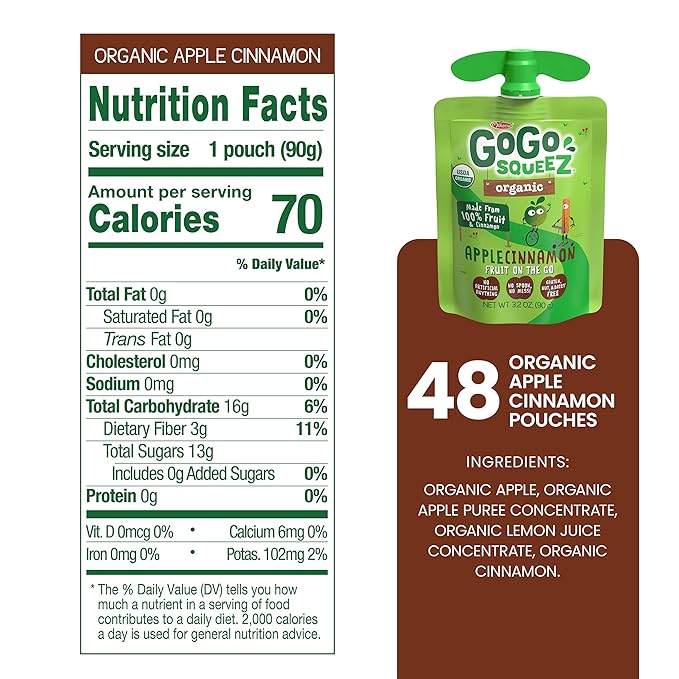GoGo squeeZ Organic Applesauce and Fruit Puree, Apple Cinnamon, 3.2 oz (Pack of 48), Unsweetened