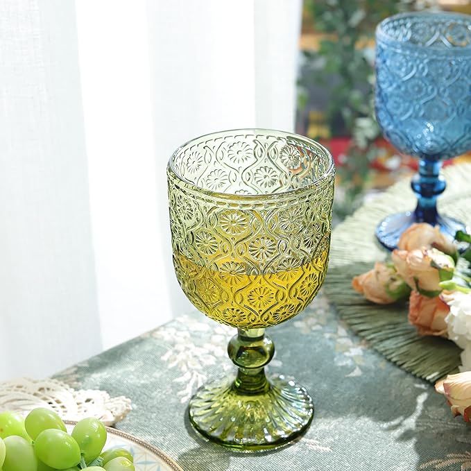 Joeyan Vintage Glass Wine Goblet,Green Embossed Floral Stemmed Wine Glasses,Colored Drinking