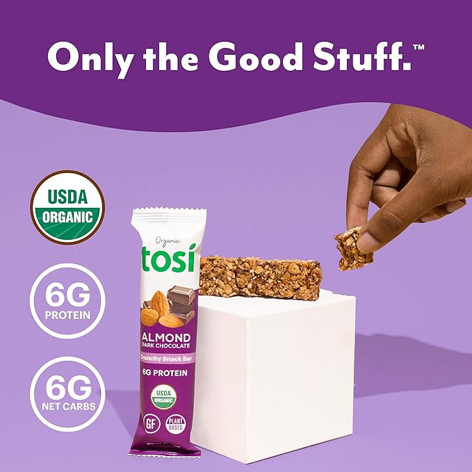 Tosi Dark Chocolate Almond Protein Bars, Plant Based with Nuts, Gluten-Free Crunchy Snacks, Vegan