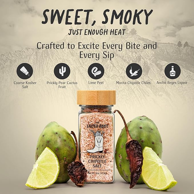 The Salted Roots - Prickly Chipotle Salt - Smoky & Fruity Seasoning - Infused with Prickly Pear