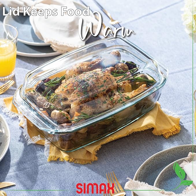 Simax Large Glass Casserole Dish, Oven Safe Cookware With Lid, Oblong Covered Glass Dish For
