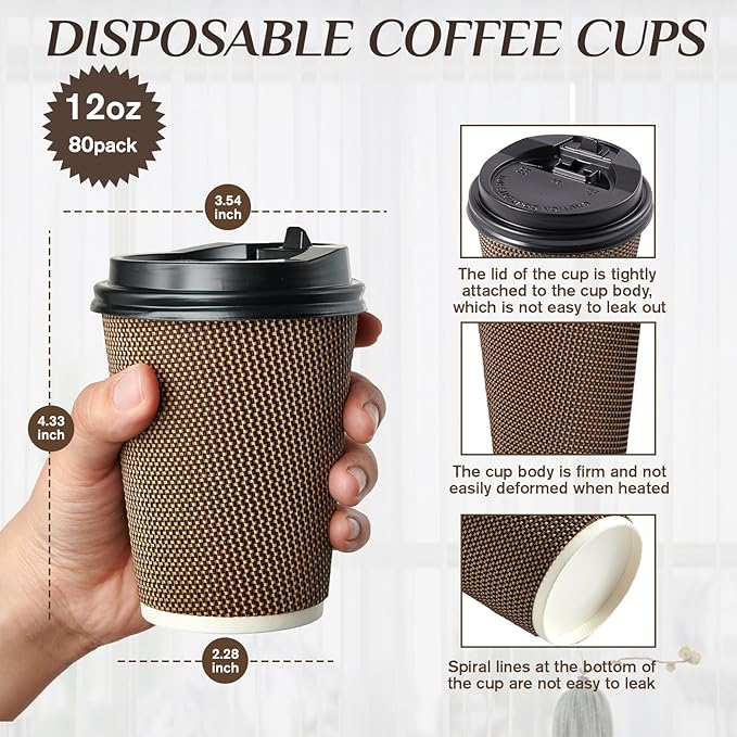 LITOPAK 80 Pack 12 oz Paper Coffee Cups, Insulated Ripple Wall Hot Coffee Cups with Lid and Straws