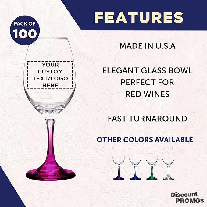 Custom Rioja Wine Glasses with Stem 10 oz. Set of 100, Personalized Bulk Pack - Color Bottom