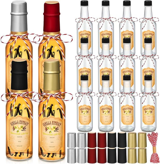 Tioncy 16 Pcs Vanilla Extract Bottles for Homemade Vanilla Jar Glass Bottle with Cap, Shrink Band