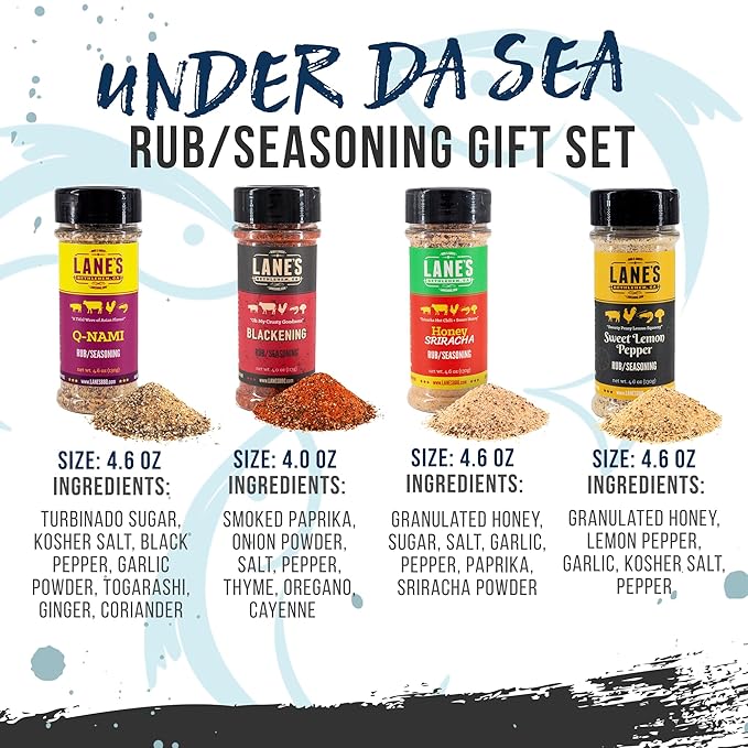 Lane's Under Da Sea Gift Set, All-Natural 4 Rubs Gift Set of Blackened Seasoning, Honey Sriracha