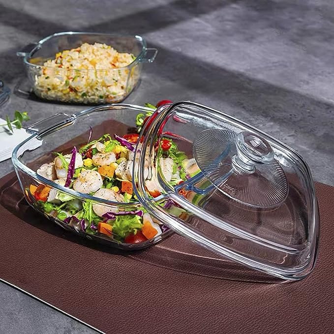 Clear Square Glass Casserole with Lid, Baking Dish with Glass Cover, Oven, Freezer and Dishwasher