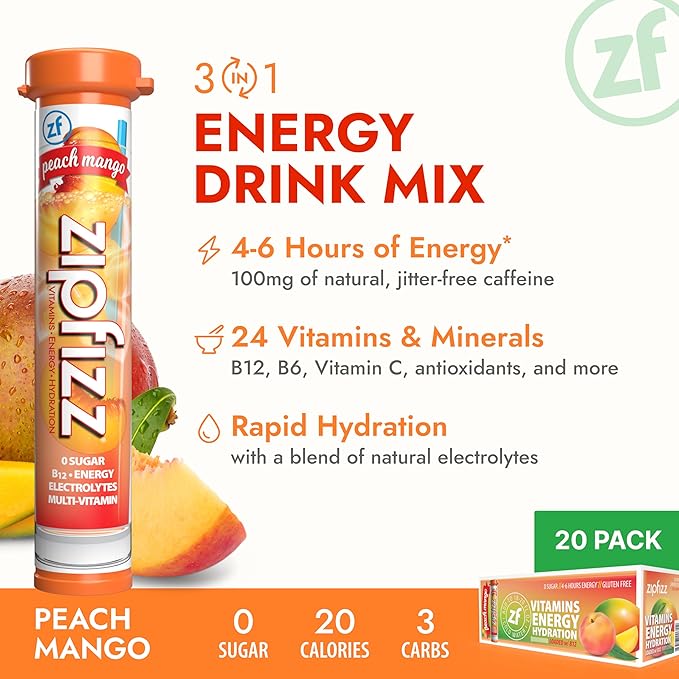 Zipfizz Daily Energy Drink Powder, Peach Mango, 20 Pack | 3-in-1 Sustained Energy, Rapid Hydration