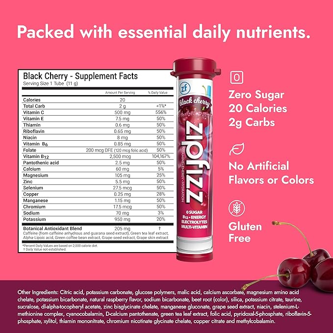 Zipfizz Daily Energy Drink Powder, Black Cherry, 20 Pack | 3-in-1 Sustained Energy, Rapid