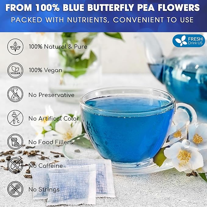 FreshDrinkUS, Premium 75 Tea Bags Blue Butterfly Pea Flowers, 100% Natural and Pure from Butterfly