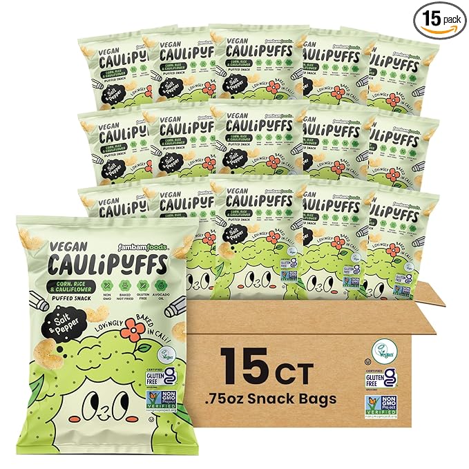 CauliPuffs - Corn, Rice, and Cauliflower Gluten Free Puffed Snack (15 x 0.75oz Bags, Vegan Salt &