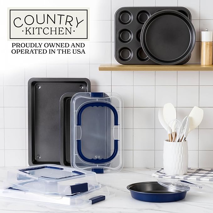 Country Kitchen Baking Pans Set - 10 Piece Non-Stick Cake Pans with Carry Lids for Easy Storage &