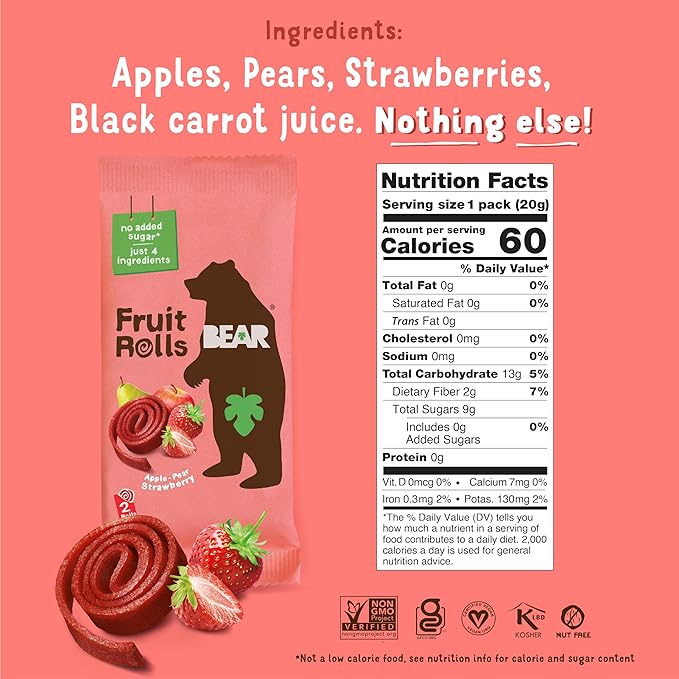 BEAR Real Fruit Snack Rolls - Gluten Free, Vegan, and Non-GMO - Strawberry ??36 Rolls, Healthy
