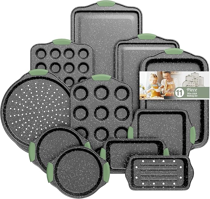 11-Piece Nonstick Bakeware Set, Stackable & Oven-Safe Kitchen Baking Pans with Silicone Handles