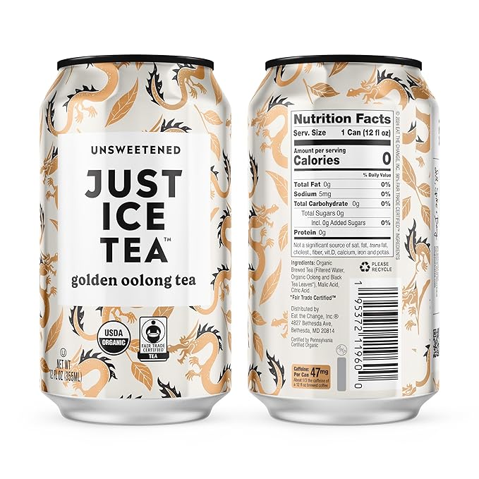 Just Ice Tea, Golden Oolong Iced Tea, 12-Pack (12oz Cans), Green Tea, USDA Certified Organic, Real