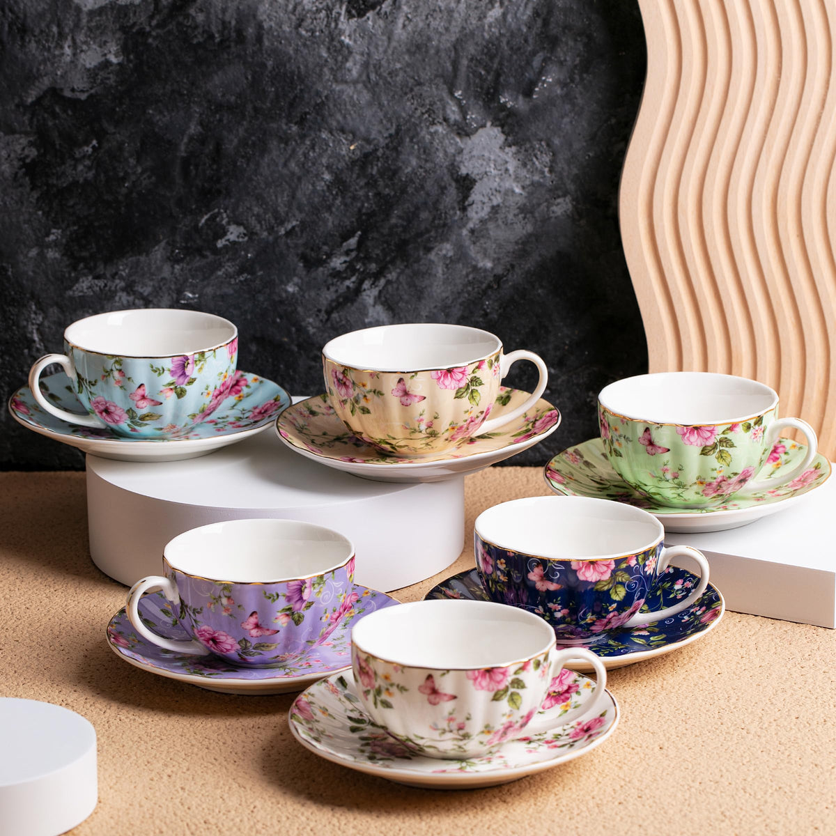 BTaT- Floral Tea Cups and Saucers Set of 6 (7 oz), Porcelain Tea Cups Set of 6, Modern Midnight