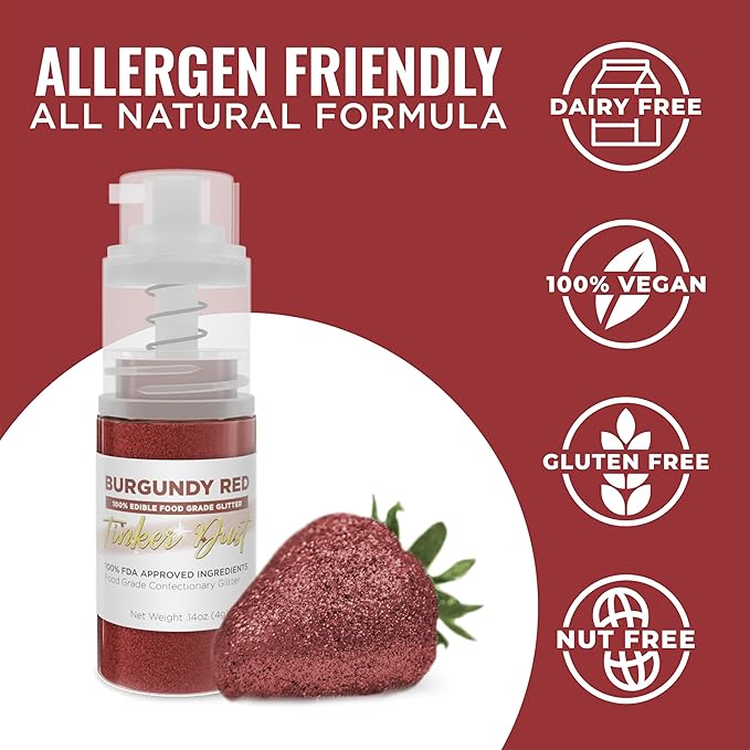 Bakell - Burgundy Red Tinker Dust (4g, 1x Mini Spray Pump) Edible Glitter for Food, Desserts, and