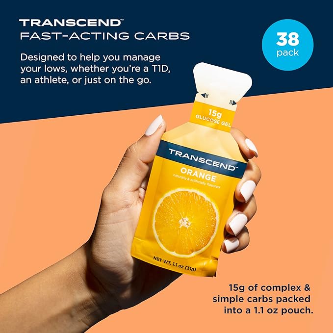 Transcend Foods Orange Gel (1.1 oz, Pack of 38) Fast-Acting Carb Gel Orange Flavor – Caffeine Free