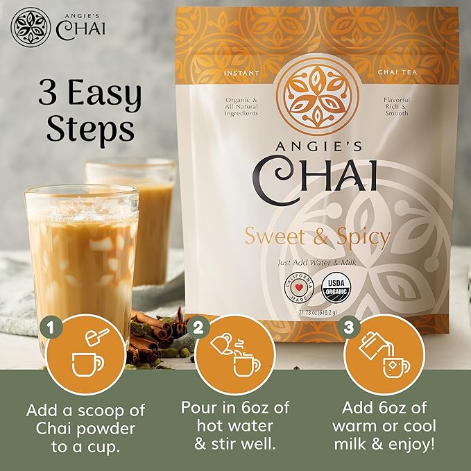 Angie's Chai Sweet & Spicy Organic Instant Chai Tea Powder - Made in USA, Delicious Spiced Chai