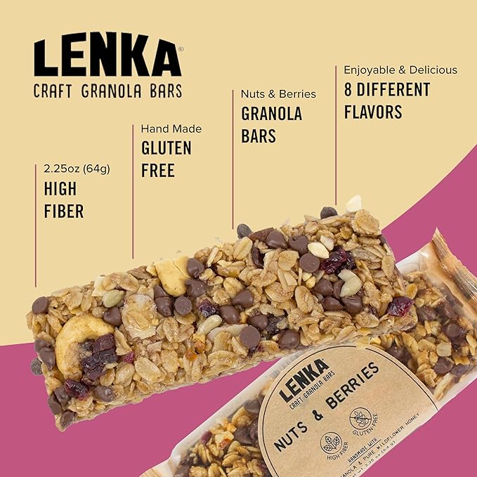 Lenka Bars - Nuts & Berries Snack Bars, Gluten Free, High Fiber, Kosher, Wholesome, No Artificial