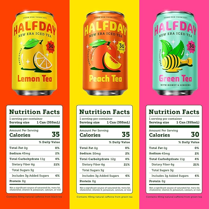 HALFDAY Prebiotic Iced Tea Lemon, Peach & Green Tea Variety Pack, Supports Digestive & Gut Health