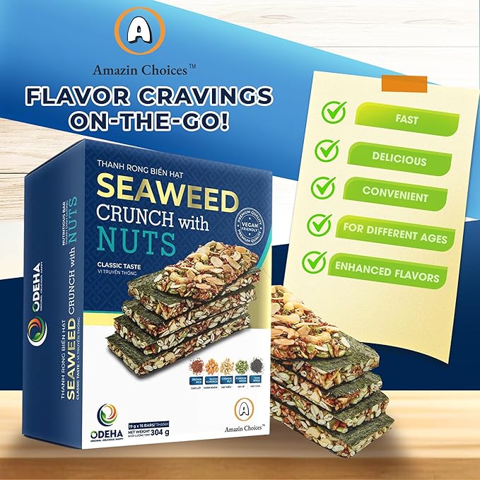 Seaweed Crunch with Nuts Classic Taste. Seaweed Snack Bars with Cashews, Almonds & Pumpkin Seeds by