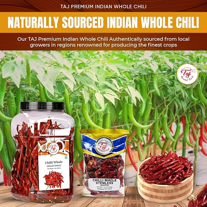 TAJ Premium Indian Whole Chilli (Whole Mirchi, without stem), (3.5 Ounce)