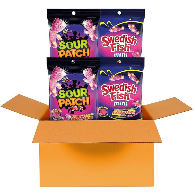 SOUR PATCH KIDS and SWEDISH FISH Mini Glow Ups Strawberry-Watermelon Soft & Chewy Candy Variety
