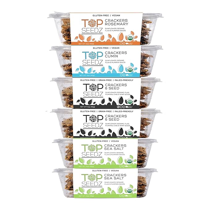 Top Seedz Certified Organic Gluten Free Savory Sensation Seed Crackers | 6-Pack | 5 Ounces |