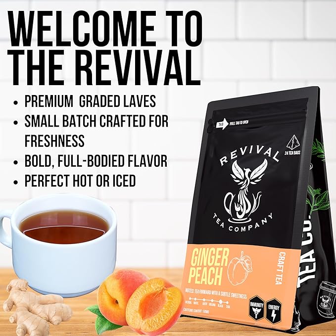 Revival Tea Company Ginger Peach Tea - Black Tea Blend with Ginger Spice and Peach Pieces - Loose
