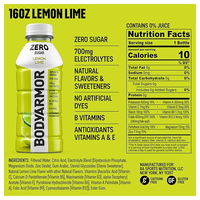 BODYARMOR ZERO Sugar Lemon Lime, Sugar Free Sports Drink - Low-Calorie Hydration - Natural Flavors