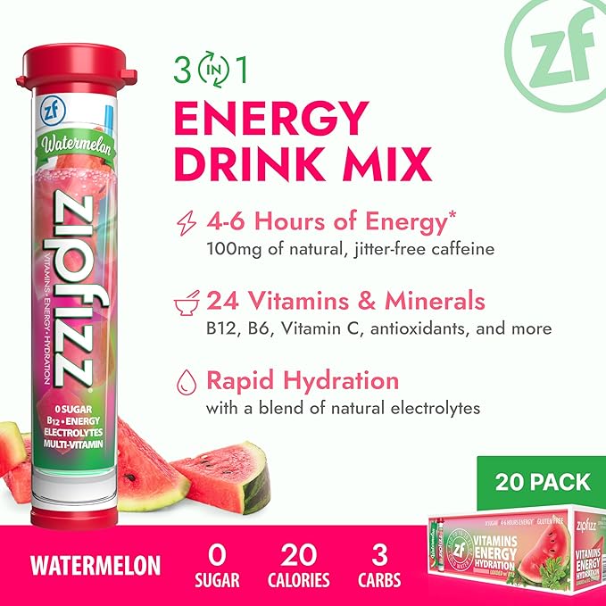 Zipfizz Daily Energy Drink Powder, Watermelon, 20 Pack | 3-in-1 Sustained Energy, Rapid Hydration
