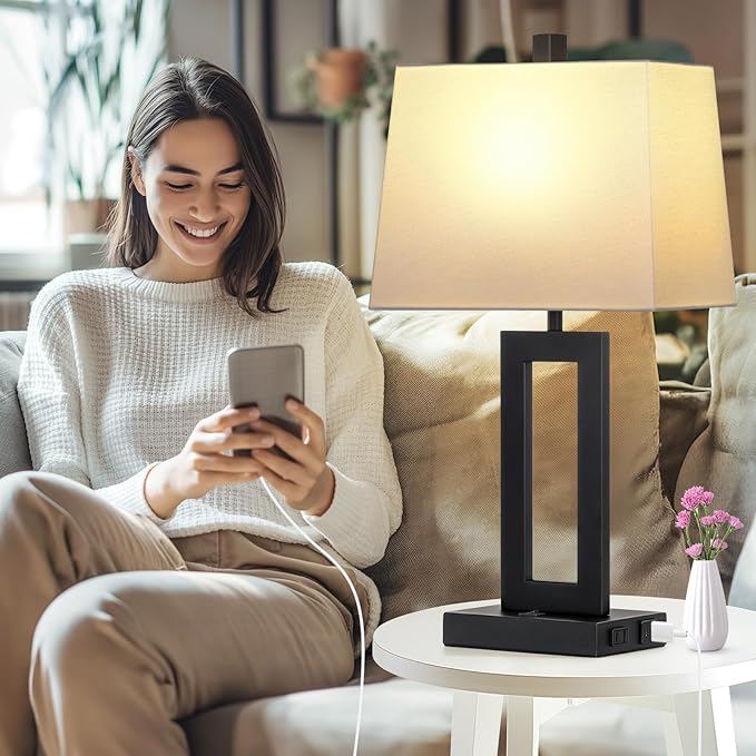 Table Lamp Set of 2 with USB C+A Ports & AC Outlet, Bedside Lamps, Modern Bedroom Lamps, Black